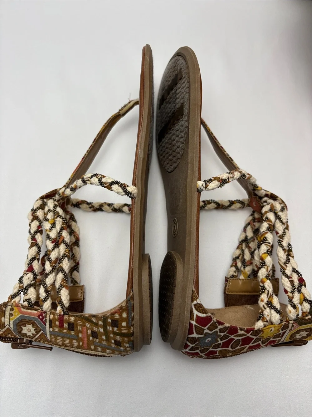 bp Womens 6 Multi Texture Brown and Beige Braided‎ T-Strap Sandals#475